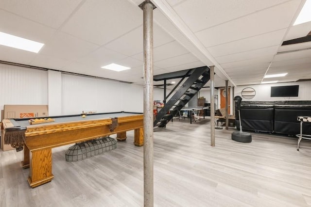 rec room featuring a paneled ceiling, light wood-type flooring, and billiards