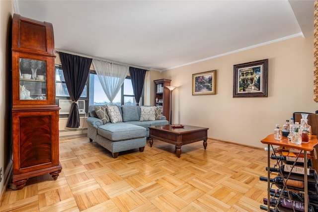 living room featuring cooling unit, a baseboard radiator, light parquet floors, and crown molding