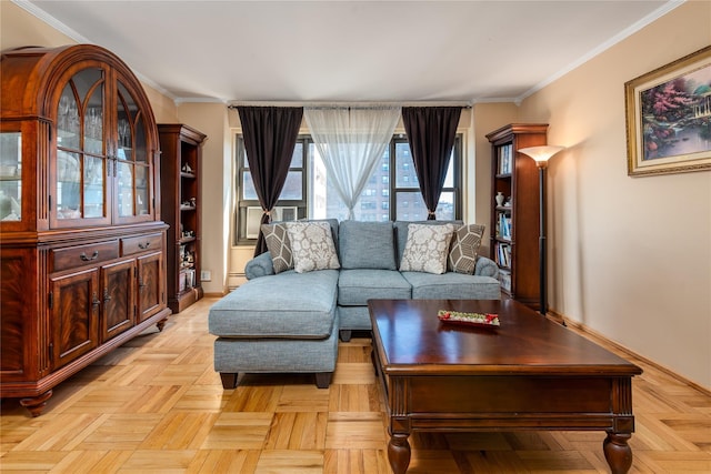 living room with a baseboard radiator, cooling unit, crown molding, and light parquet floors