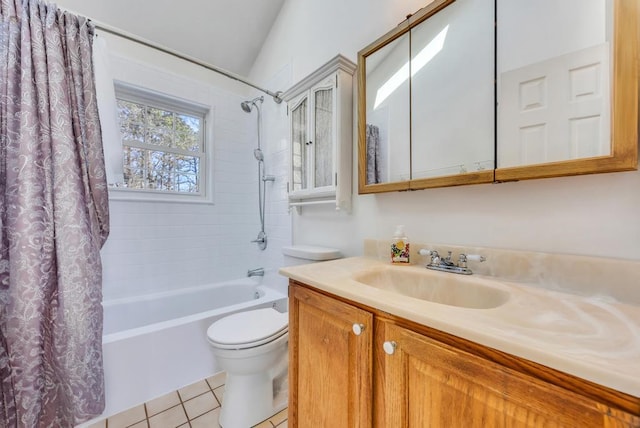 full bath with shower / tub combo with curtain, vanity, toilet, and tile patterned floors