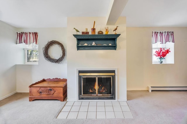 room details with a fireplace with flush hearth, a baseboard radiator, carpet flooring, and beamed ceiling