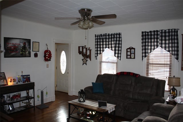 living room with ceiling fan and dark wood-type flooring