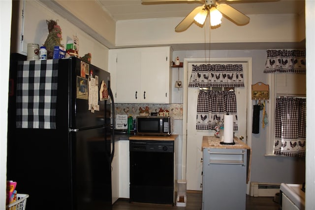 kitchen with a baseboard heating unit, black appliances, white cabinets, ceiling fan, and tasteful backsplash