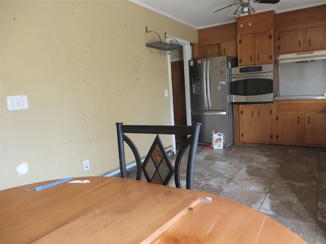 kitchen featuring ceiling fan, crown molding, and appliances with stainless steel finishes