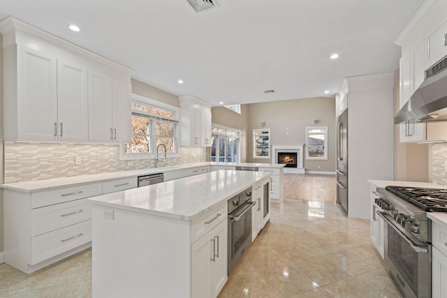 kitchen with white cabinetry, premium appliances, decorative backsplash, and a kitchen island