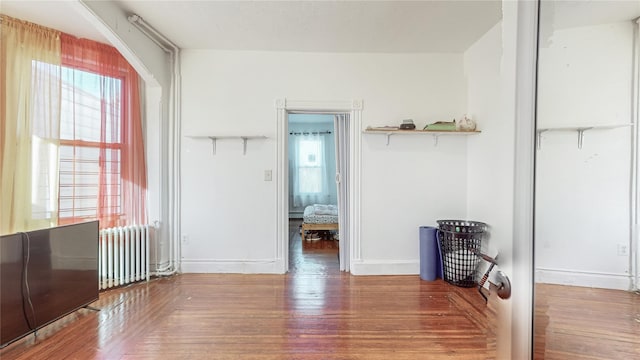 interior space with radiator heating unit, a healthy amount of sunlight, and wood-type flooring