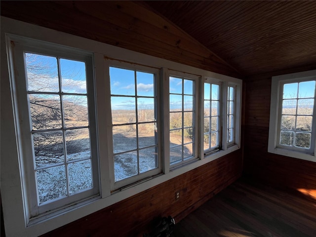 details featuring a water view, wood ceiling, wood walls, and hardwood / wood-style floors