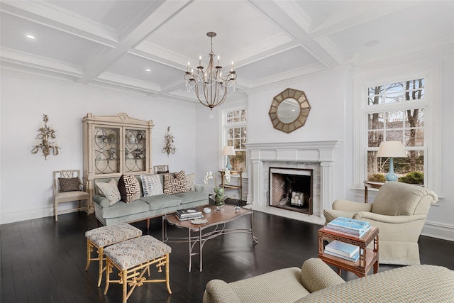 living room featuring a fireplace, coffered ceiling, baseboards, and hardwood / wood-style flooring