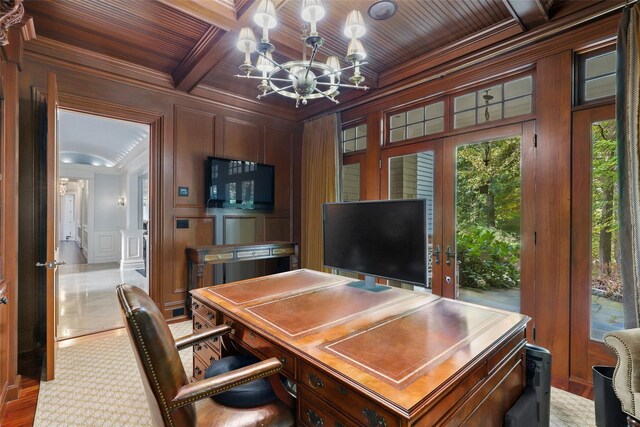 home office with crown molding, a chandelier, wood ceiling, a decorative wall, and coffered ceiling