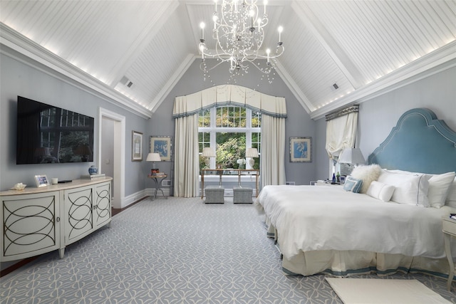 carpeted bedroom featuring beam ceiling, visible vents, high vaulted ceiling, and baseboards