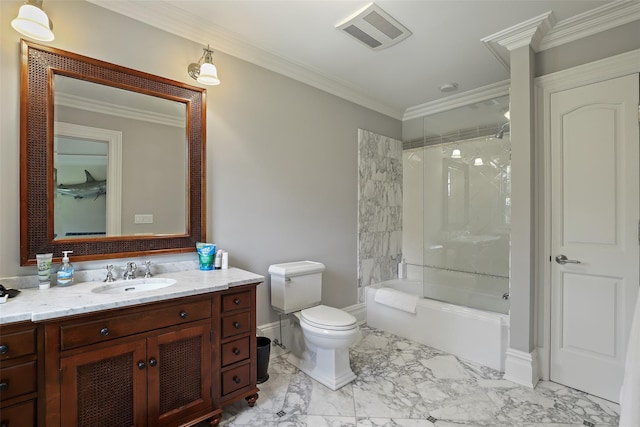 full bath with visible vents, crown molding, toilet, marble finish floor, and vanity