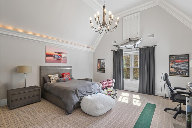 carpeted bedroom with visible vents, high vaulted ceiling, crown molding, and baseboards