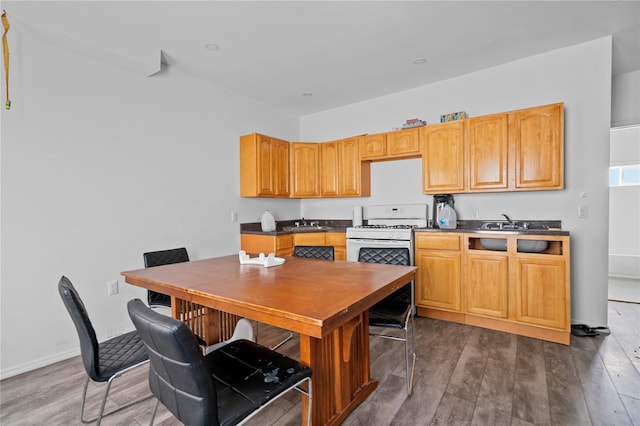 kitchen with dark hardwood / wood-style floors, white gas range, and sink