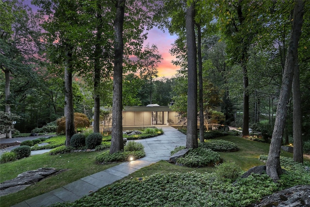 view of property's community with a lawn