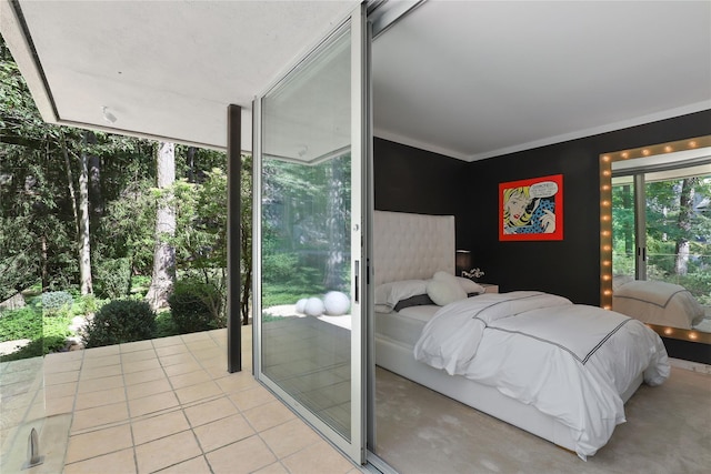 tiled bedroom with crown molding