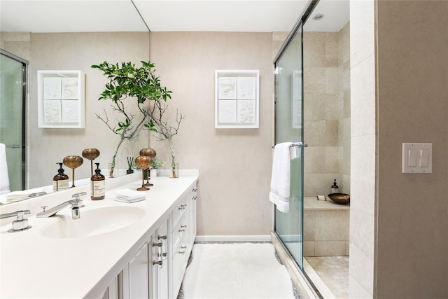 bathroom with walk in shower, a healthy amount of sunlight, and vanity