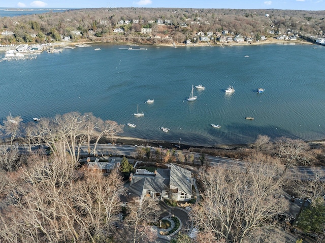 aerial view featuring a water view