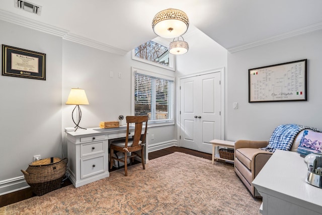 home office featuring ornamental molding and hardwood / wood-style floors