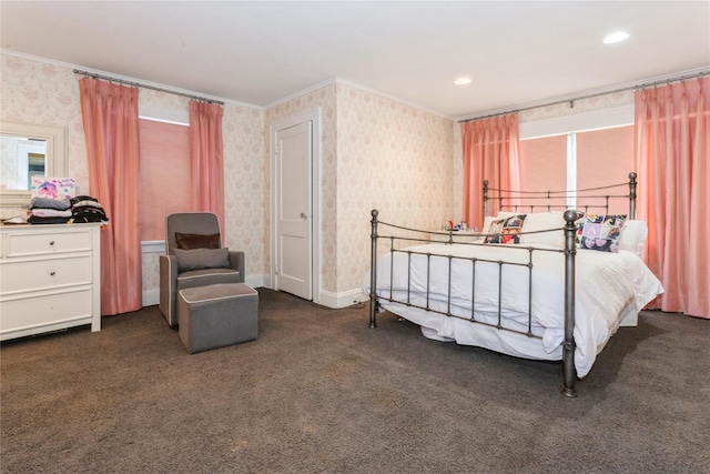 carpeted bedroom featuring ornamental molding