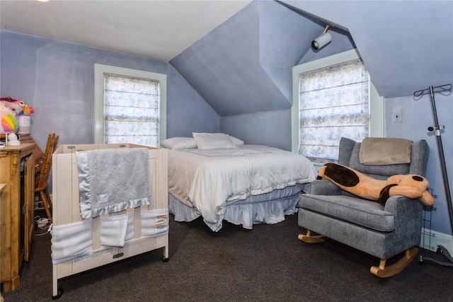 bedroom with carpet flooring and vaulted ceiling