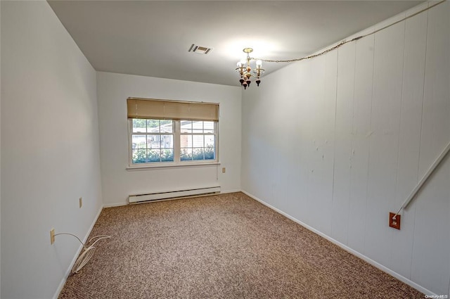 empty room with carpet flooring, a notable chandelier, and a baseboard radiator