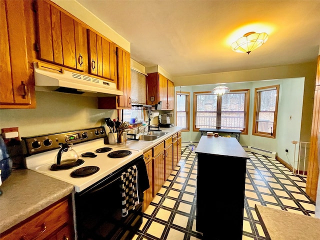 kitchen featuring sink, white electric range oven, a notable chandelier, and a baseboard heating unit