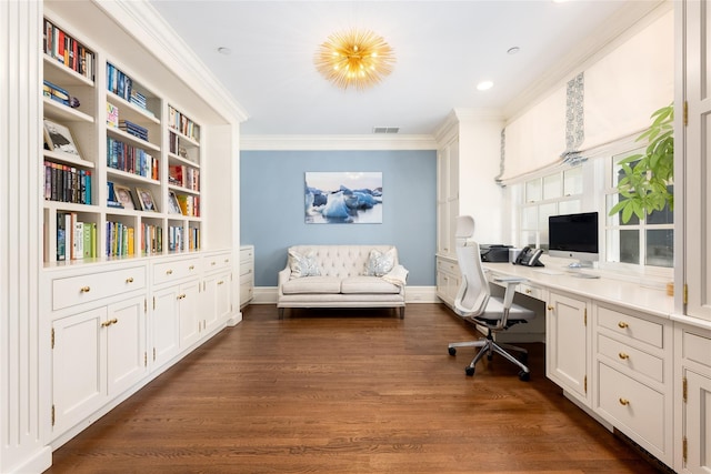 home office featuring ornamental molding and dark hardwood / wood-style flooring