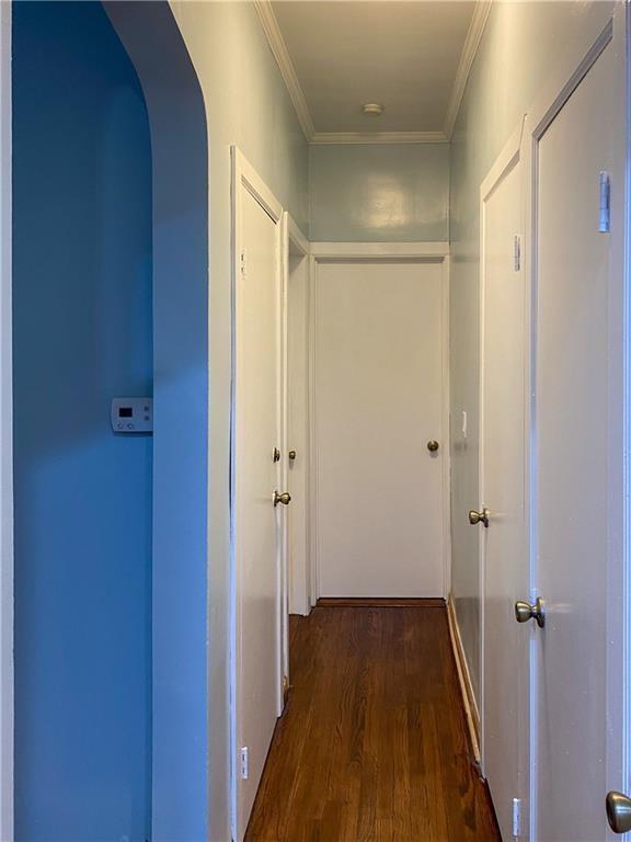 hall featuring crown molding and dark wood-type flooring