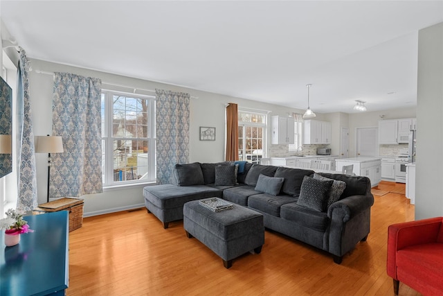 living room featuring light hardwood / wood-style flooring and sink