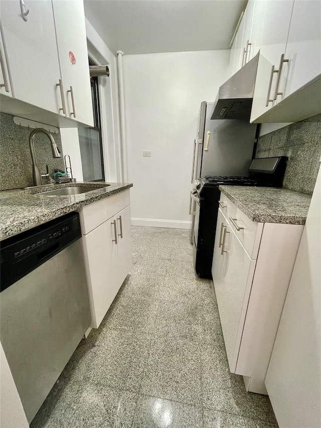 kitchen featuring stainless steel dishwasher, gas stove, white cabinets, and extractor fan