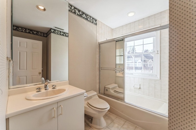 79 Marjorie Ct, Manhasset, NY 11030 - bathroom with enclosed tub / shower combo, vanity, wallpapered walls, tile patterned flooring, and recessed lighting