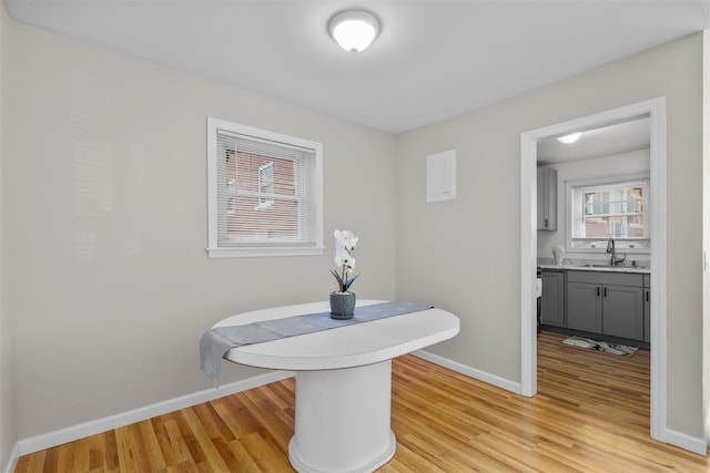 dining room with light wood-type flooring and sink