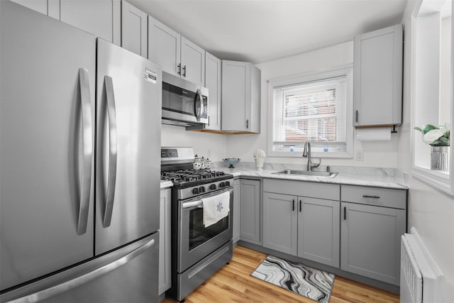 kitchen with light wood-type flooring, appliances with stainless steel finishes, radiator heating unit, and sink