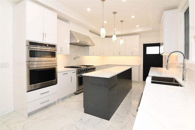 kitchen featuring stainless steel appliances, sink, extractor fan, and white cabinets