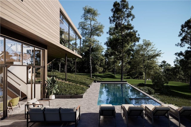 view of pool featuring an outdoor living space, a yard, and a patio