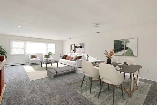 carpeted dining area featuring baseboard heating