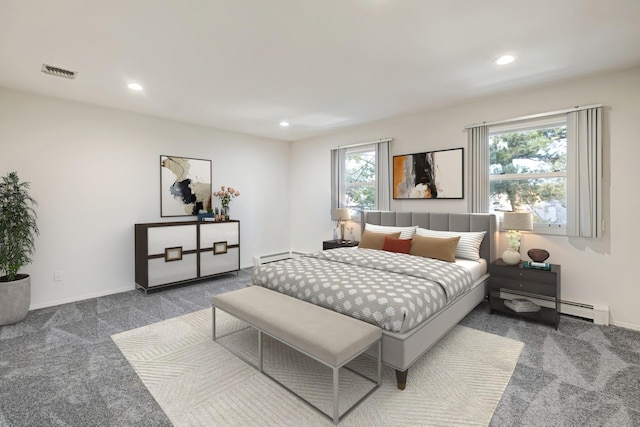 bedroom with carpet flooring, a baseboard radiator, and multiple windows