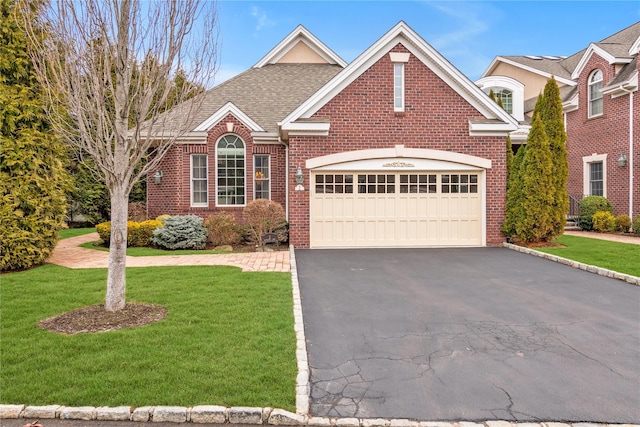 front facade featuring a front yard and a garage