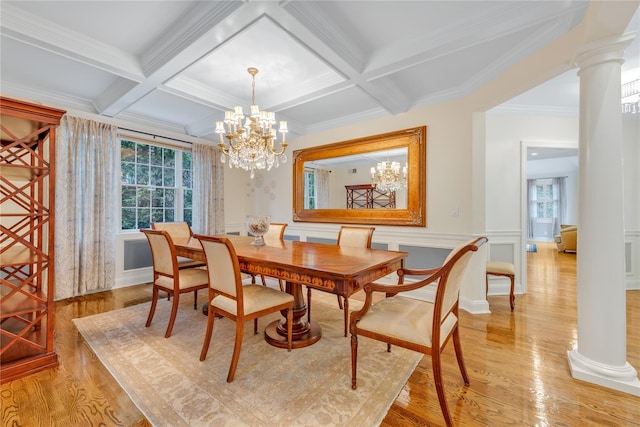 dining room with beamed ceiling, decorative columns, a notable chandelier, and coffered ceiling