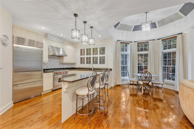 kitchen featuring decorative backsplash, a breakfast bar, premium appliances, decorative light fixtures, and a center island