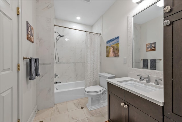 full bathroom with shower / bathtub combination with curtain, vanity, and toilet