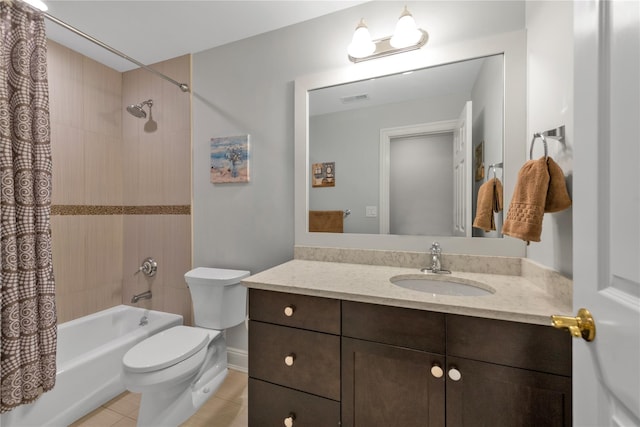 full bathroom featuring tile patterned floors, shower / bath combo, toilet, and vanity