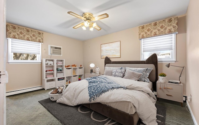 carpeted bedroom featuring a baseboard heating unit, a wall mounted AC, ceiling fan, and multiple windows