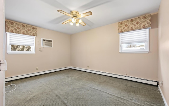 unfurnished room featuring baseboard heating, an AC wall unit, ceiling fan, and plenty of natural light