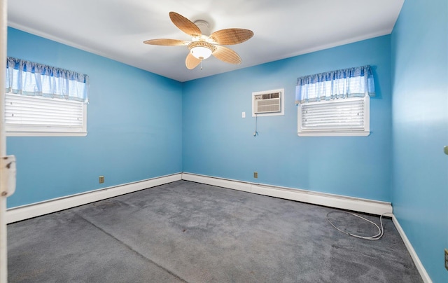 carpeted spare room with an AC wall unit and ceiling fan