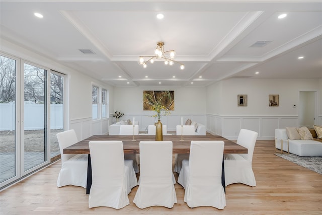 dining room with an inviting chandelier, coffered ceiling, beam ceiling, and light wood-type flooring