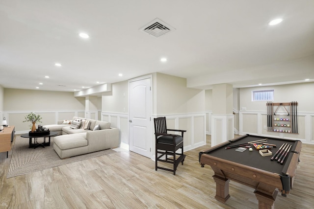 rec room featuring light wood-type flooring and pool table