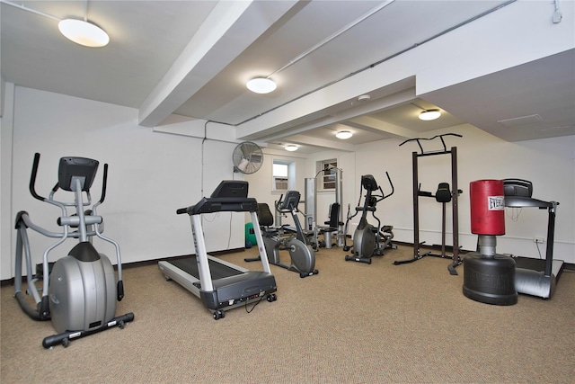 workout area featuring carpet flooring