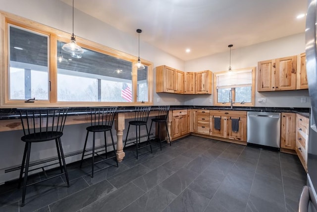 kitchen with stainless steel dishwasher, decorative light fixtures, a breakfast bar area, and light brown cabinetry