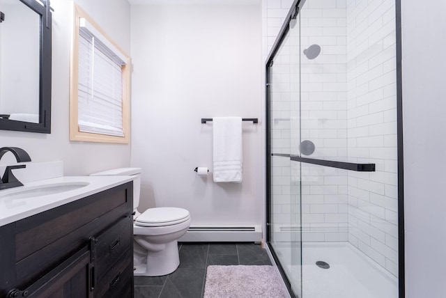 bathroom with an enclosed shower, vanity, a baseboard radiator, tile patterned flooring, and toilet